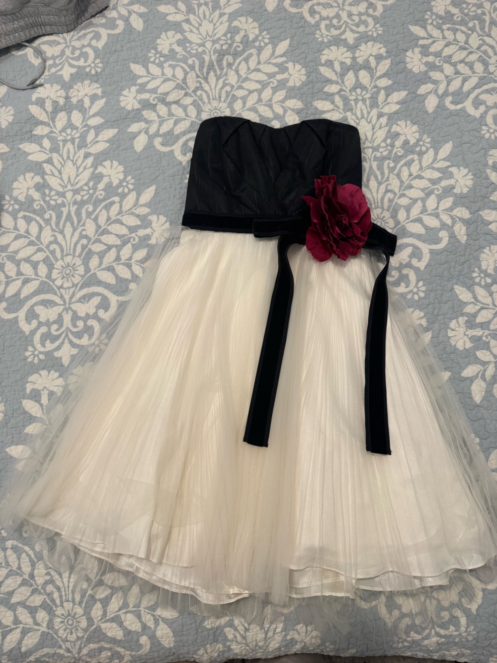 White House Black Market Black and Ivory Tulle Dress with Fuschia Flower